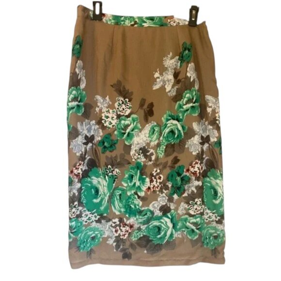 Bold Green Floral Midi Skirt - Size L Tan Neutral Base Vintage Inspired - Picture 2 of 5